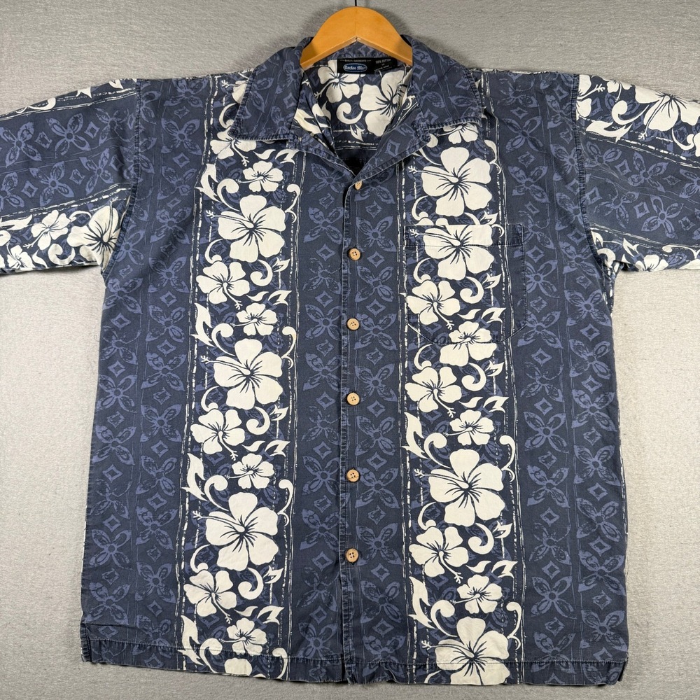 Anchor Blue Mens XL Hawaiian Shirt Navy Blue White Hibiscus Floral Cotton Y2K
